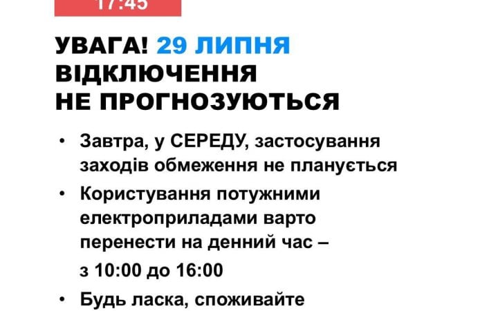 В середу в Україні не прогнозується відключень світла