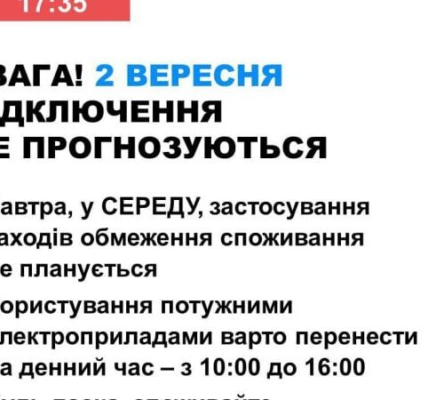 2 вересня в Україні не прогнозуються відключення світла